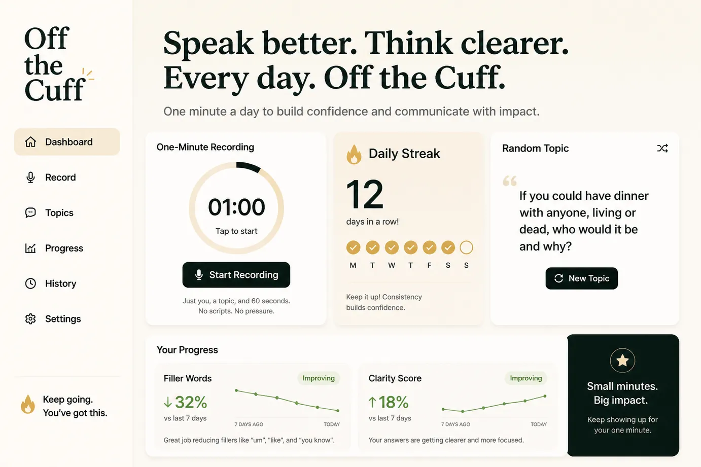 Impromptu daily speaking practice dashboard with streaks and one-minute recording prompt