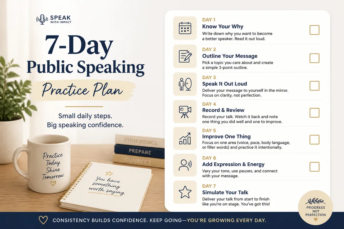 Student practicing impromptu public speaking with topic prompts