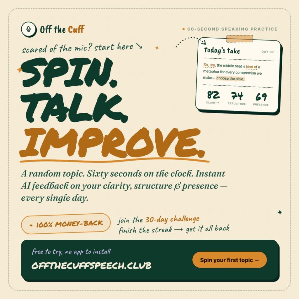Impromptu 60-second speaking practice with spin, talk, improve, and AI feedback