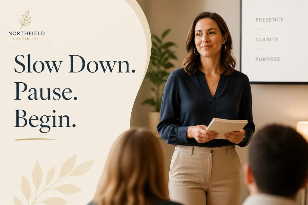Confident speaker preparing before a public presentation