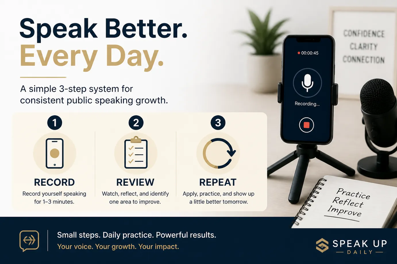 Public speaking practice system with record review repeat steps