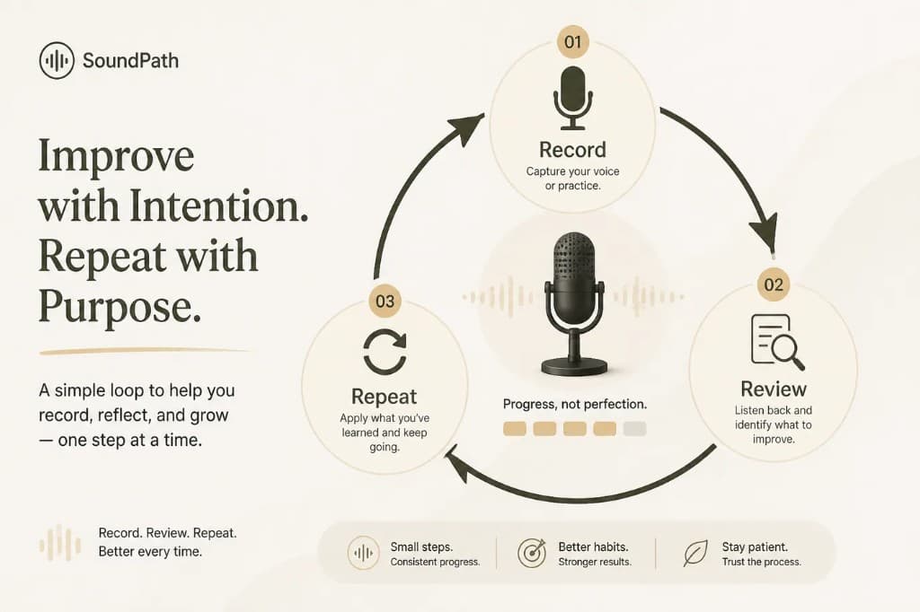 Private speaking practice recording to reduce filler words and build confidence