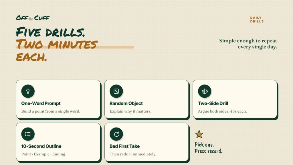 Impromptu speaking exercises including one-word prompts and random object drills
